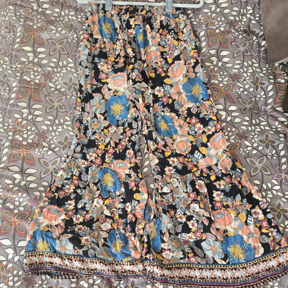 Angie Floral Wide-Leg Beach Flowy Pants Size Large Black Floral Peach Blue Multi - Picture 8 of 16